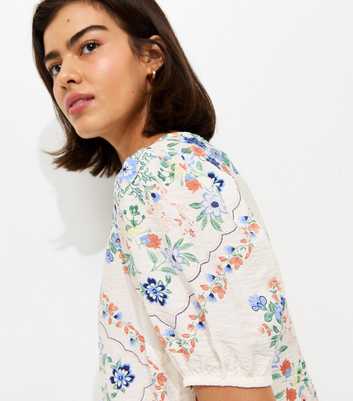 Cream Floral Scarf Print Puff Sleeve T-Shirt