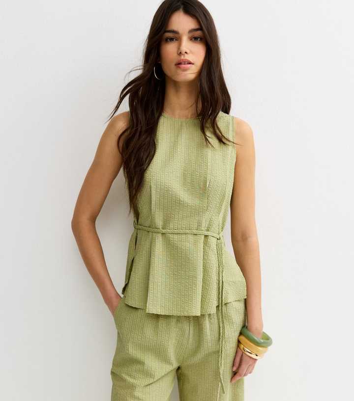 Green Pinstripe Longline Belt Tunic Top