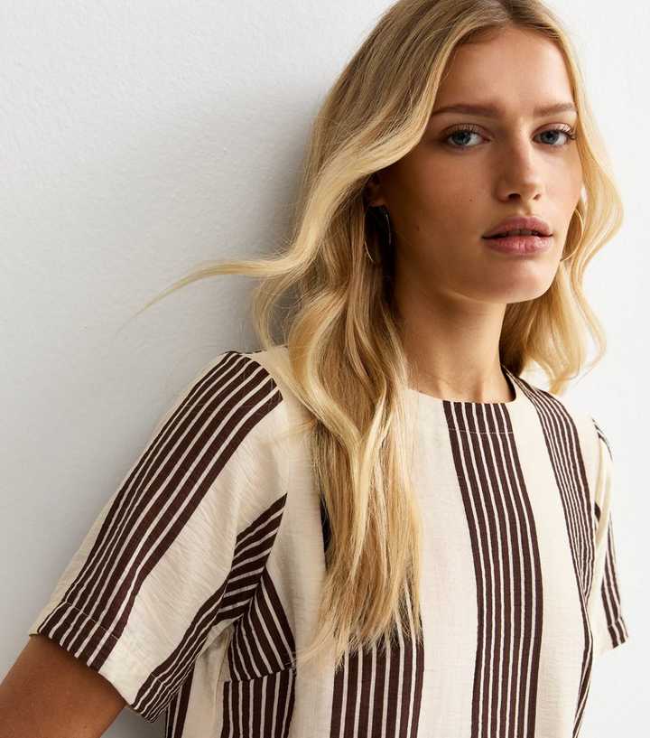 White and Brown Stripe Crew T-Shirt