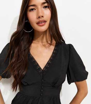 Black Lace Trim Button up Tea Blouse