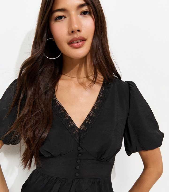 Black Lace Trim Button up Tea Blouse