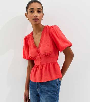 Coral Lace Trim Button up Tea Blouse