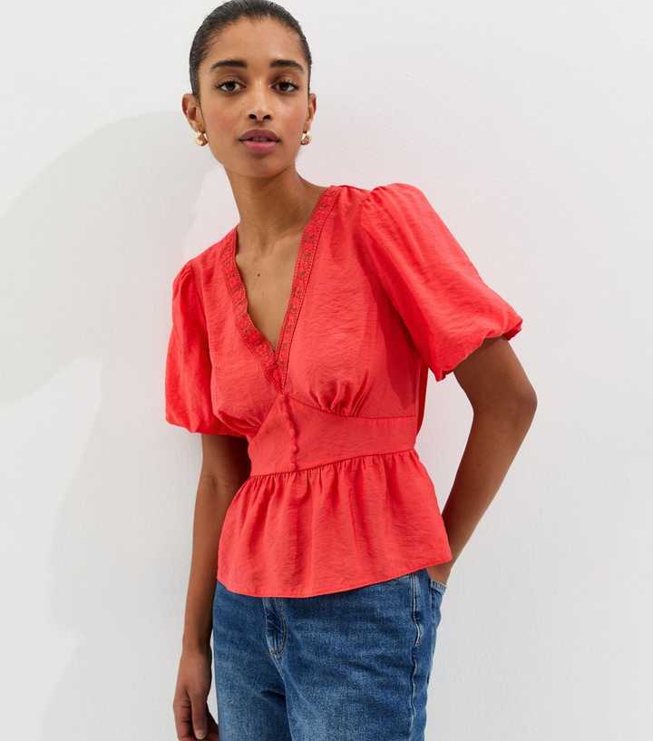Coral Lace Trim Button up Tea Blouse