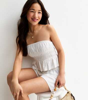 Girls White Linen Blend Shirred Bandeau Top