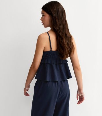 Girls Navy Linen Blend Ruffled Babydoll Cami Top | New Look