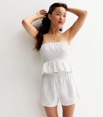 Girls White Linen Blend Drawstring Shorts
