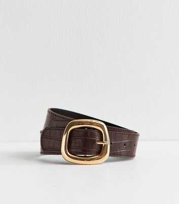 Dark Brown Croc Embossed Faux Leather Irregular Square Belt