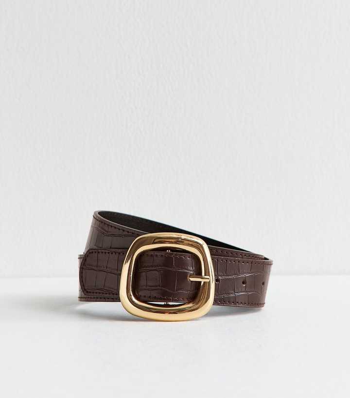 Dark Brown Croc Embossed Faux Leather Irregular Square Belt