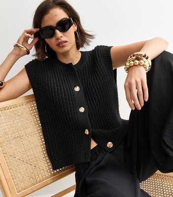 Black Hammered Button Cotton Rich Chunky Knit Waistcoat