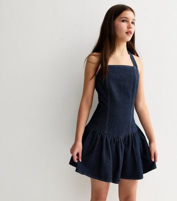 Girls Blue Denim Halterneck Mini Dress