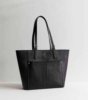 Black Textured Faux Leather Logo Tote Bag