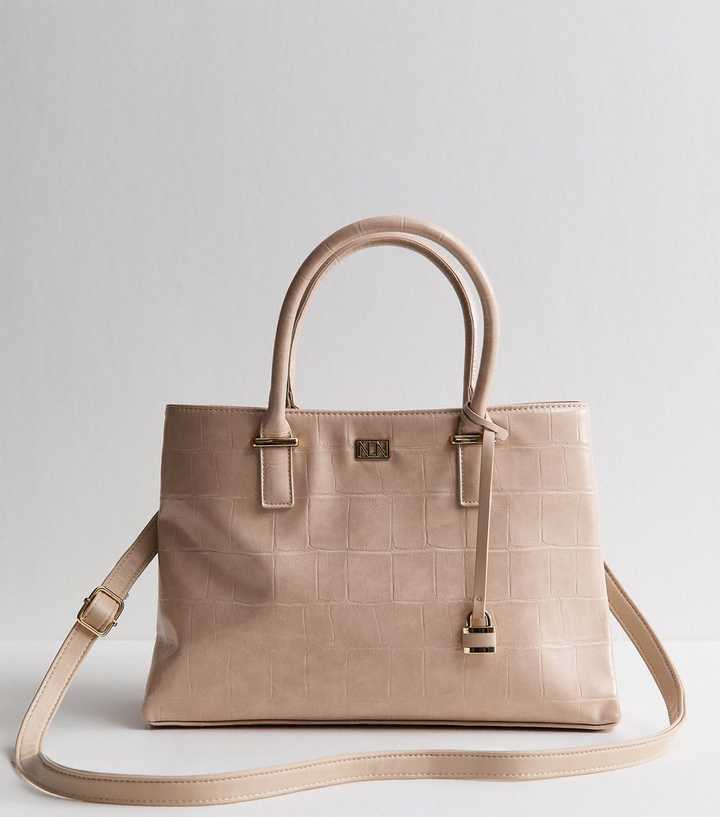 Mink Faux Leather Croc Embossed Triple Compartment Tote Bag