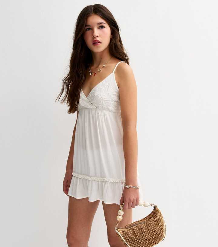 Girls White Embroidered Babydoll Mini Dress