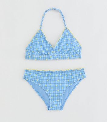 Girls Blue Gingham Ditsy Print Shirred Bikini Set