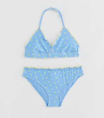 Girls Blue Gingham Ditsy Print Shirred Bikini Set