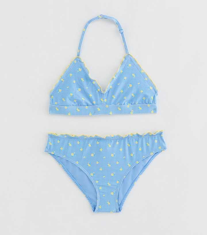 Girls Blue Gingham Ditsy Print Shirred Bikini Set