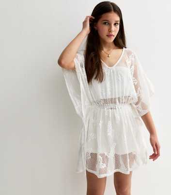 Girls White Butterfly Crochet Kaftan Mini Dress