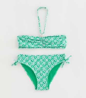 Girls Green Floral Ruched Halterneck Bikini Set