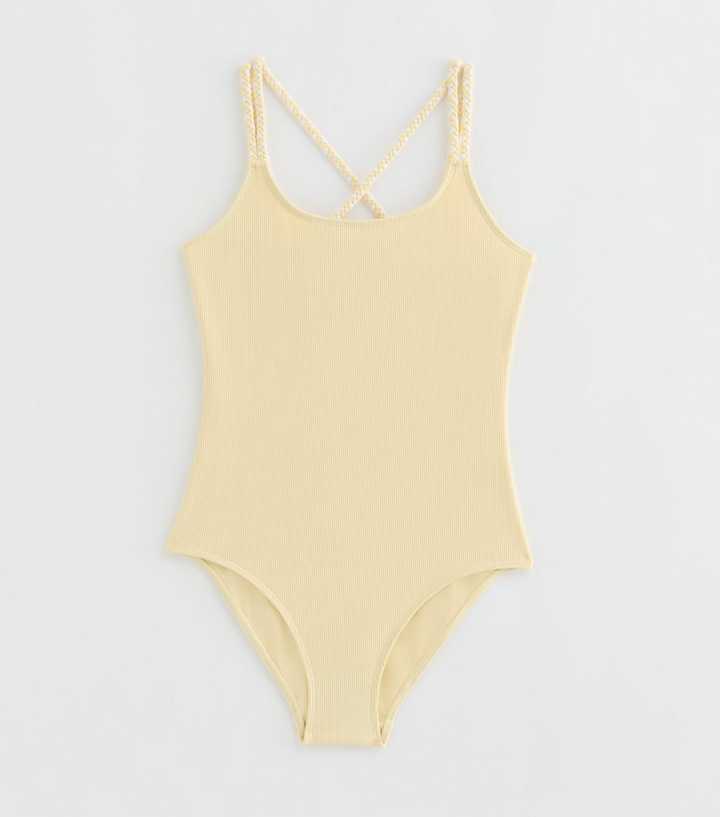 Girls Light Yellow Braided Strap Swimsuit