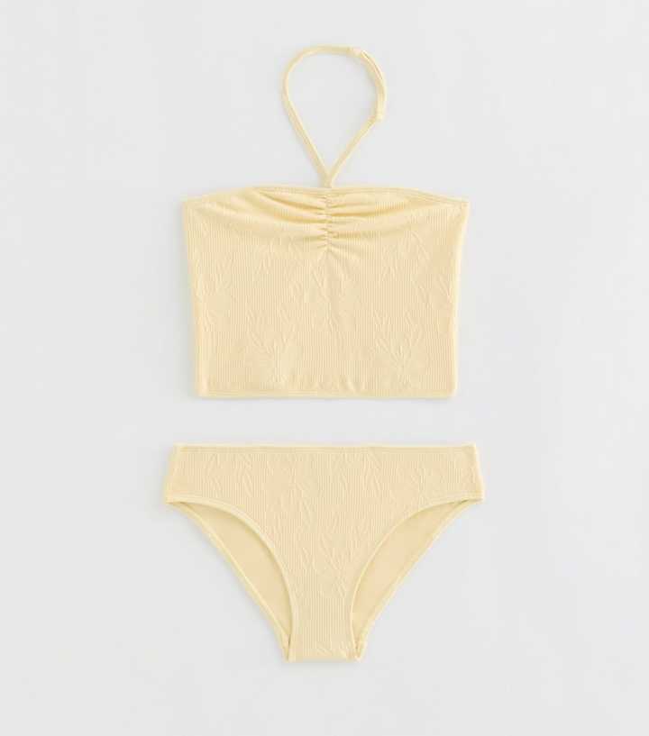 Girls Light Yellow Ruched Front Tankini Swim Set