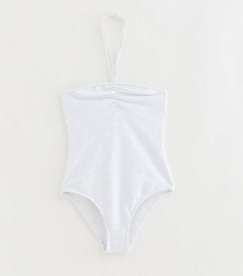 Girls White Shell Crochet Ruched Front Halter Swimsuit
