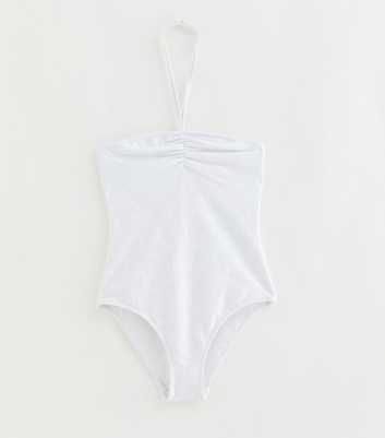 Girls White Shell Crochet Ruched Front Halter Swimsuit