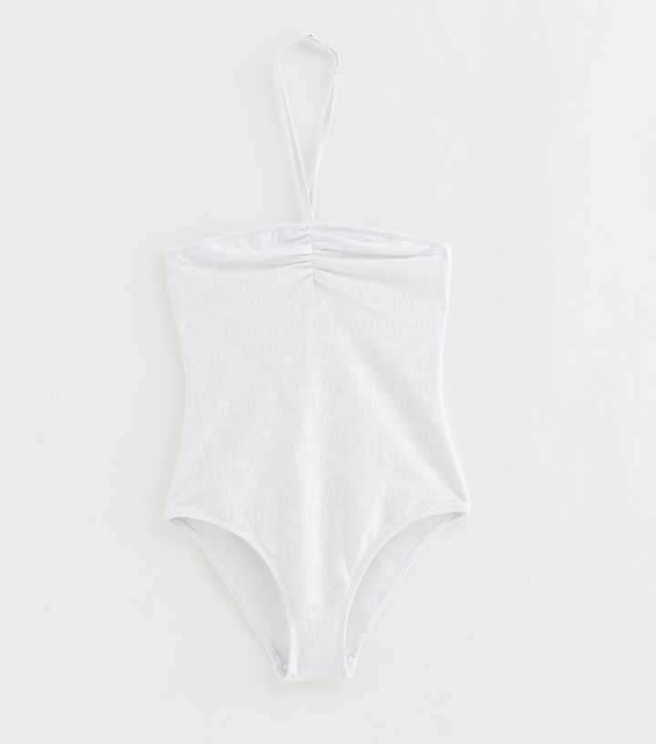 Girls White Shell Crochet Ruched Front Halter Swimsuit
