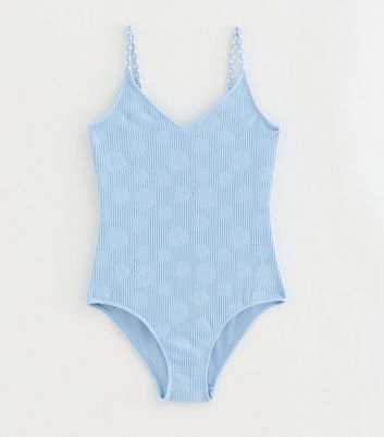 Girls Light Blue Shell Jacquard Swimsuit