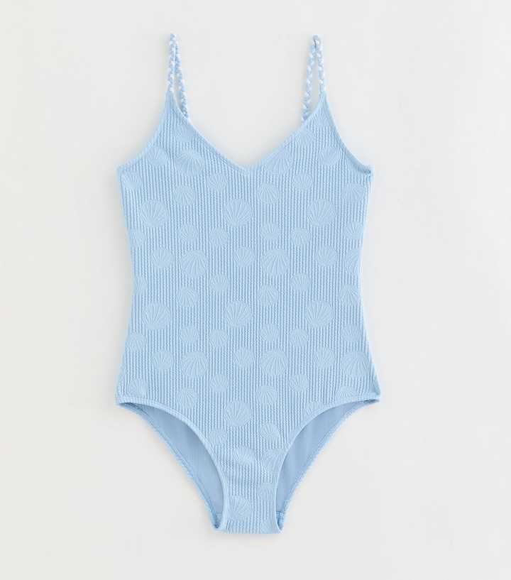 Girls Light Blue Shell Jacquard Swimsuit