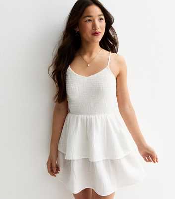 Girls White Shirred Tiered Dress