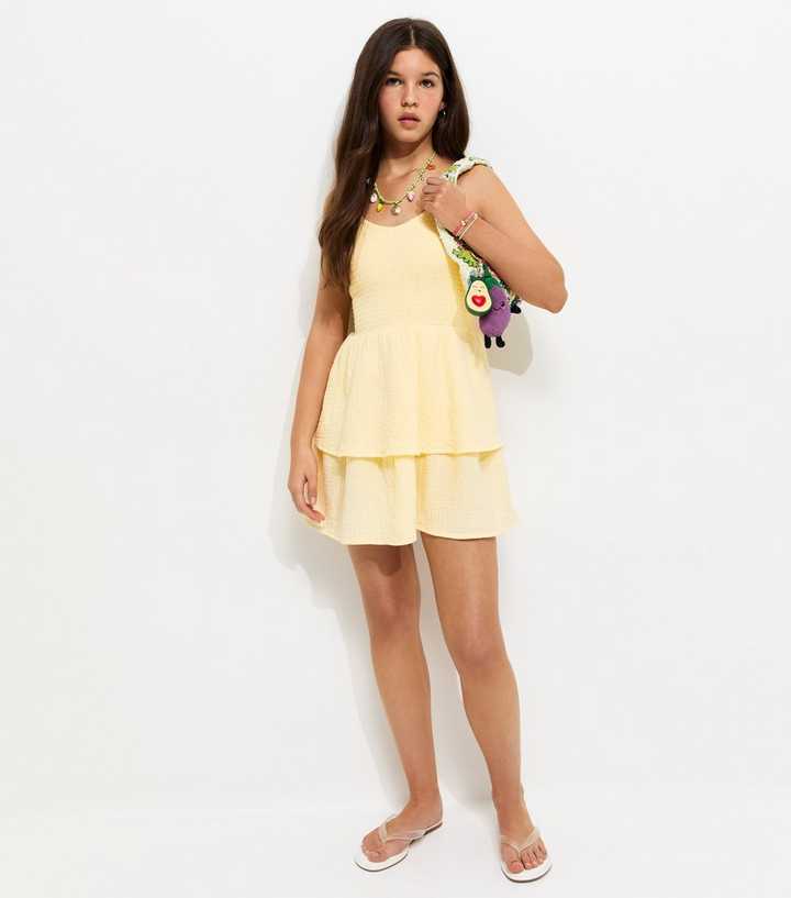 Girls Light Yellow Shirred Tiered Dress