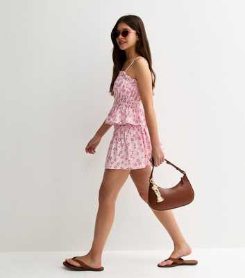 Girls Pink Cotton Floral Ruched Mini Skirt