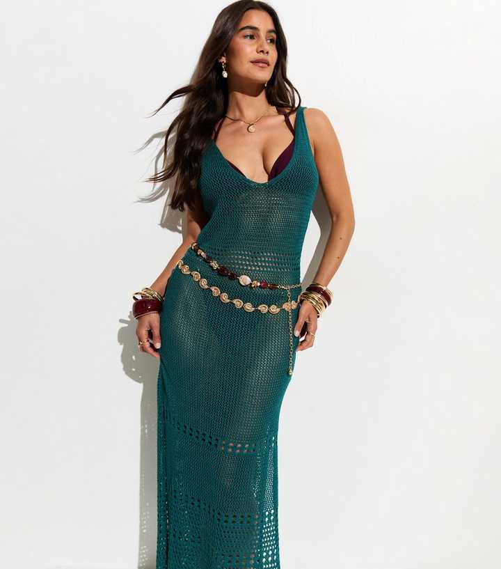 Teal Crochet Knit Maxi Dress