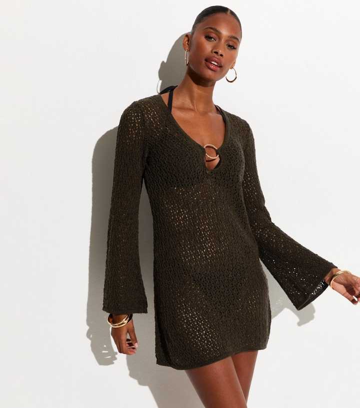 Dark Brown O-Ring Crochet Beach Kaftan Dress | New Look