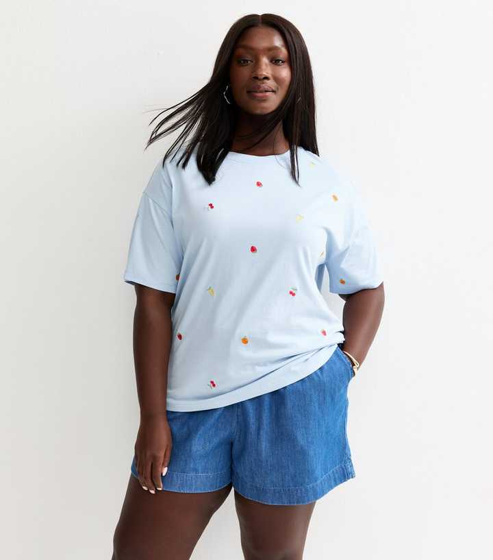 Curves Light Blue Fruit Embroidered Boxy T-Shirt