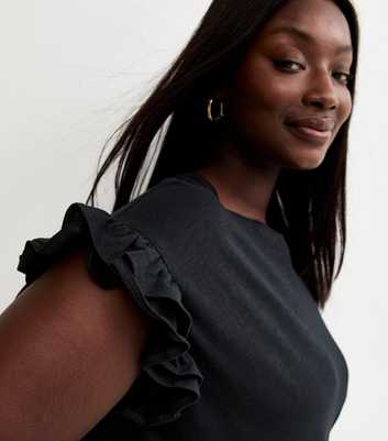 Curves Black Frill Sleeve Slub Top