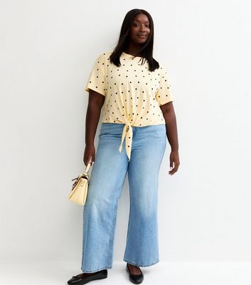 Curves Yellow Spot Print Tie Front T-Shirt | New Look