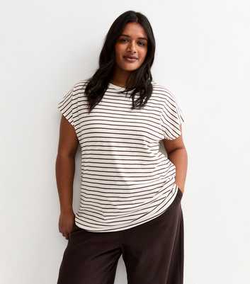 Curves Cream and Brown Stripe Grown On Sleeves  T-Shirt