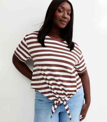 Curves Brown Striped Tie Front T-Shirt