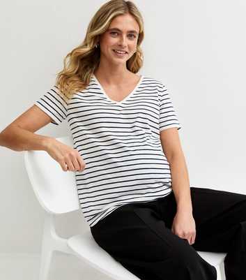 Maternity White Stripe V Neck T-Shirt