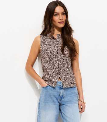 Petite Brown Leopard Print Button Through Top