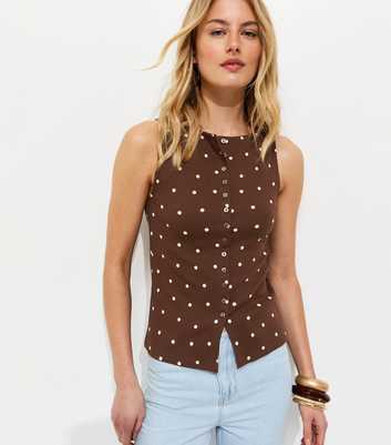 Tall Brown Polka Dot Button Through Sleeveless Top