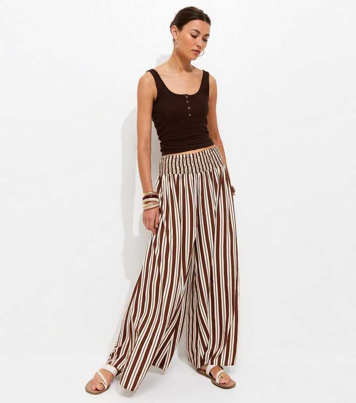 Cream Crepe Striped Palazzo Trousers
