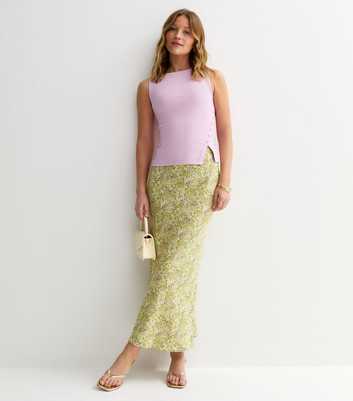 Green Floral Print Bias Cut Midi Skirt