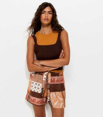 Brown Patchwork Tie Shorts