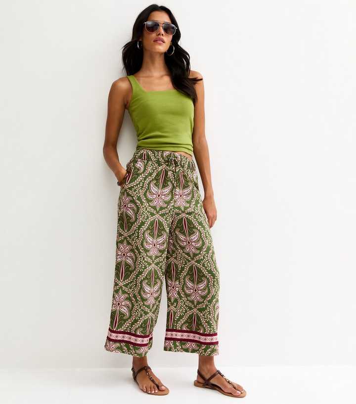 Green Palm Tree Print Cropped Wide Leg Trousers