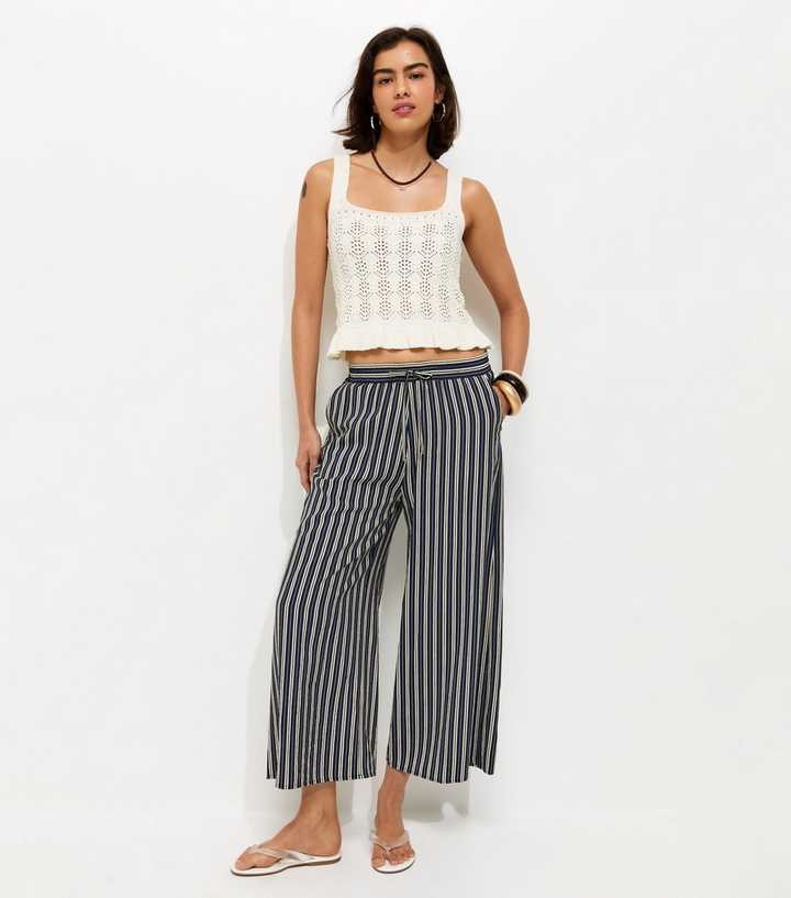 Navy Striped Wide Leg Cropped Trousers