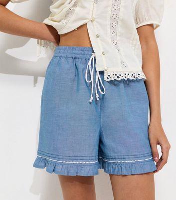 Blue Chambray Frilly Trim Shorts | New Look