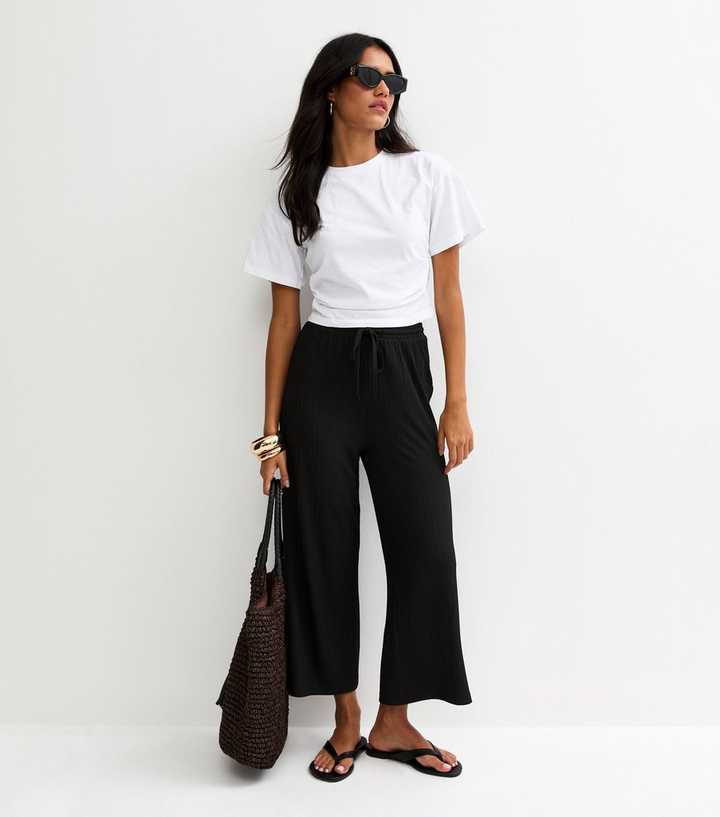 Black Ribbed Cropped Wide Leg Trousers