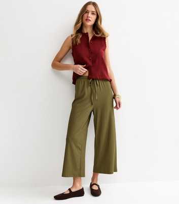 Khaki Ribbed Cropped Wide Leg Trousers
